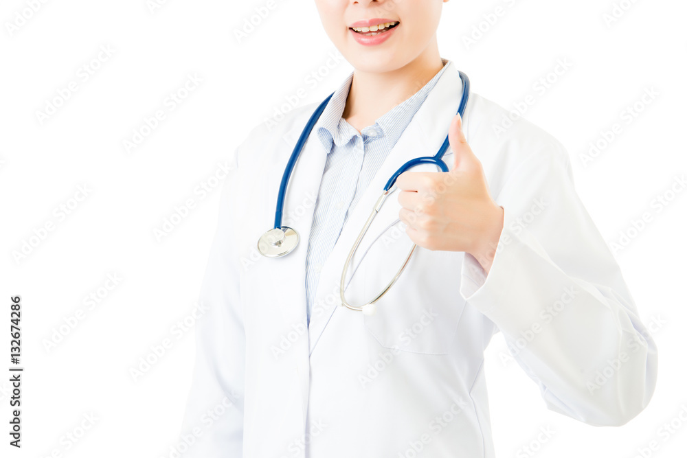 Smiling asian doctor woman with stethoscope show thumb up