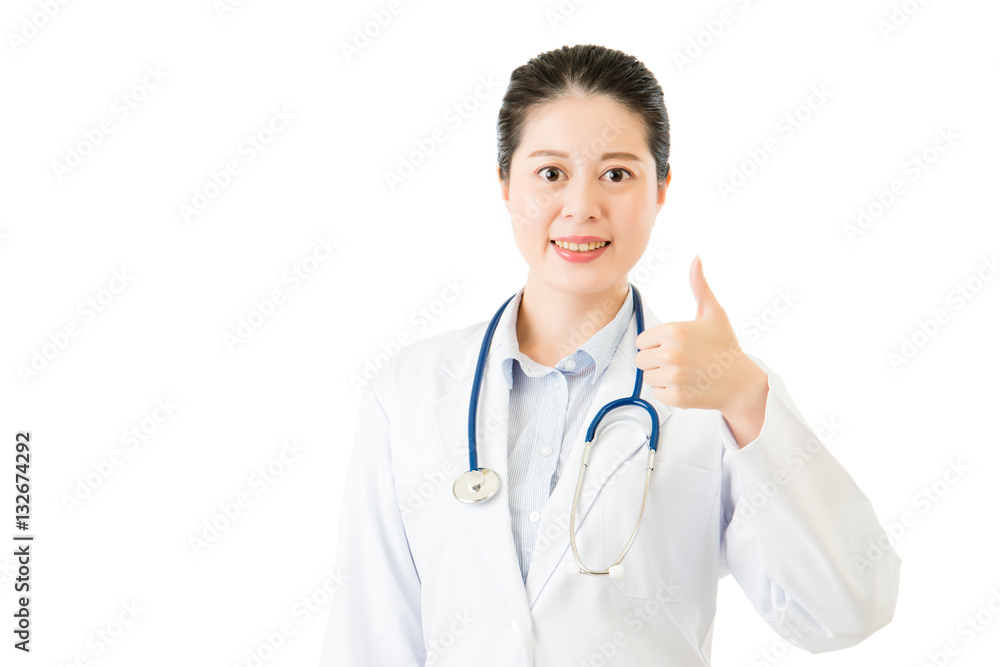 Smiling asian woman doctor with stethoscope show thumb up