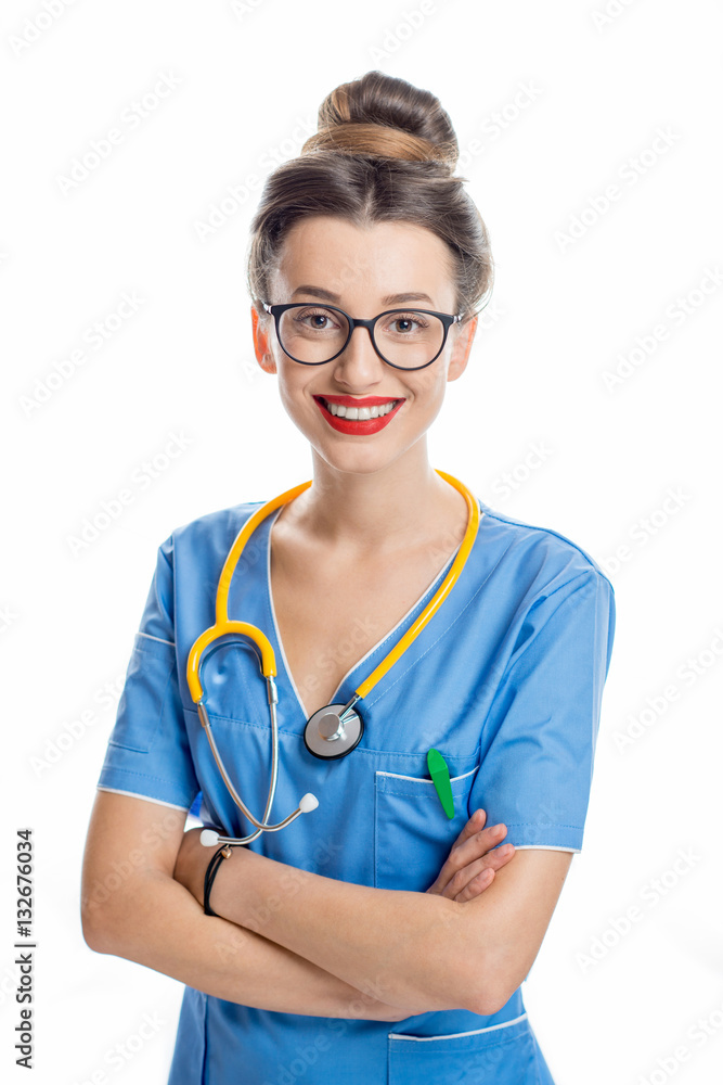 Portrait of a young female doctor in uniform with stethoscope isolated on the white background