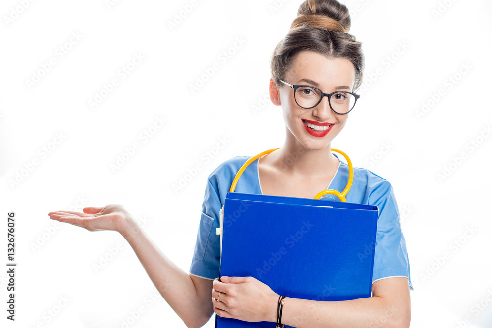 Portrait of a young female doctor in uniform with stethoscope and documents isolated on the white ba