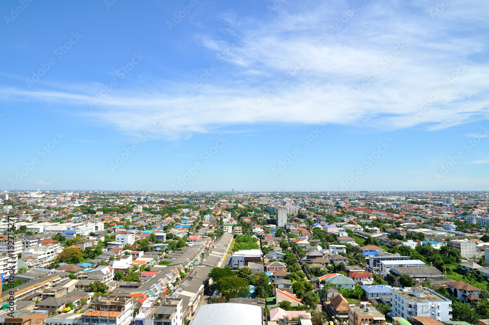 Cityscape bird eye view with blue sky, Bangkok Thailand.