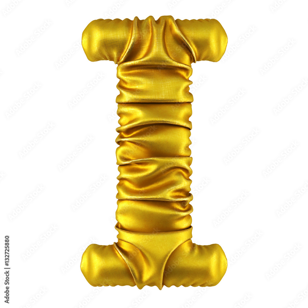 Alphabet made of golden fabric. Isolated on white. 3D illustration.