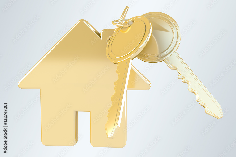 Gold key with house keyring 3D rendering