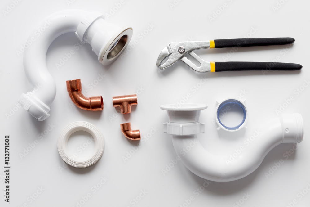 concept plumbing work top view on white background