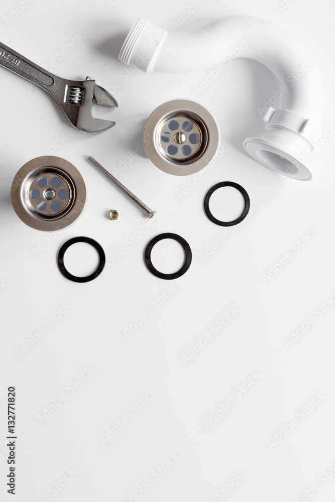 concept plumbing work top view on white background