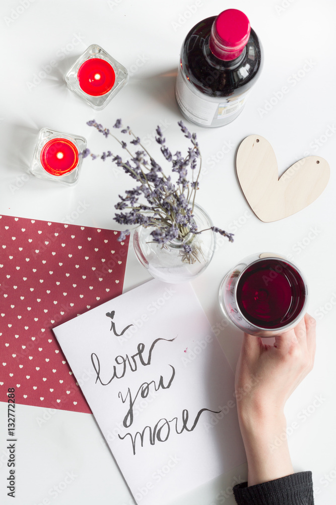 concept of Valentine Day love letter white background top view