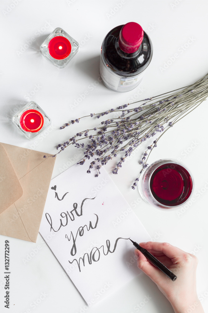 concept of Valentine Day love letter white background top view