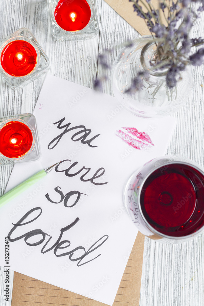 concept Valentines Day love letter wooden background top view