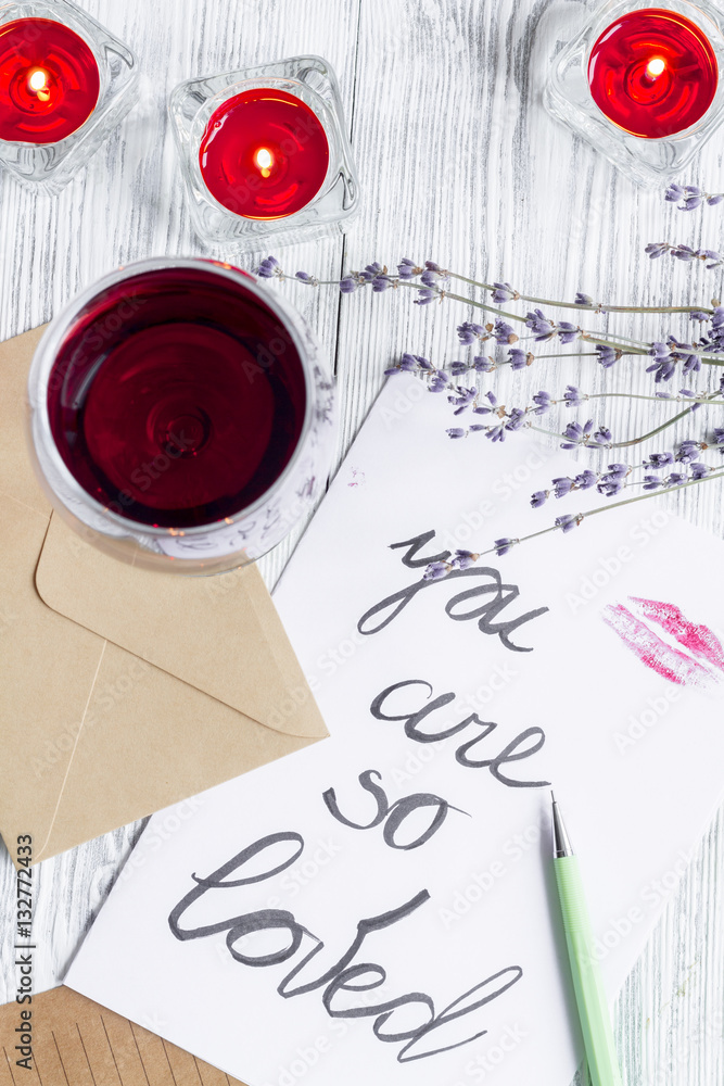 concept Valentines Day love letter wooden background top view