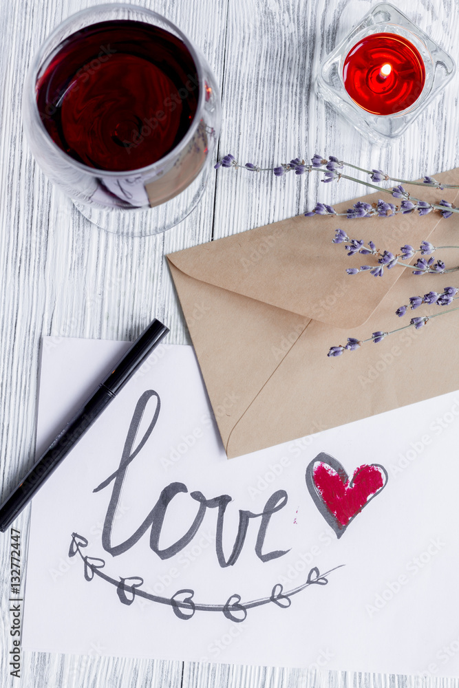 concept Valentines Day love letter wooden background top view