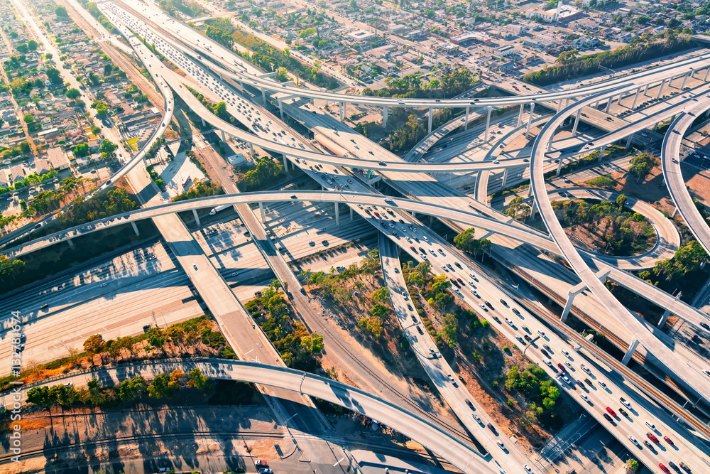 Aerial view of a freeway intersection in Los Angeles