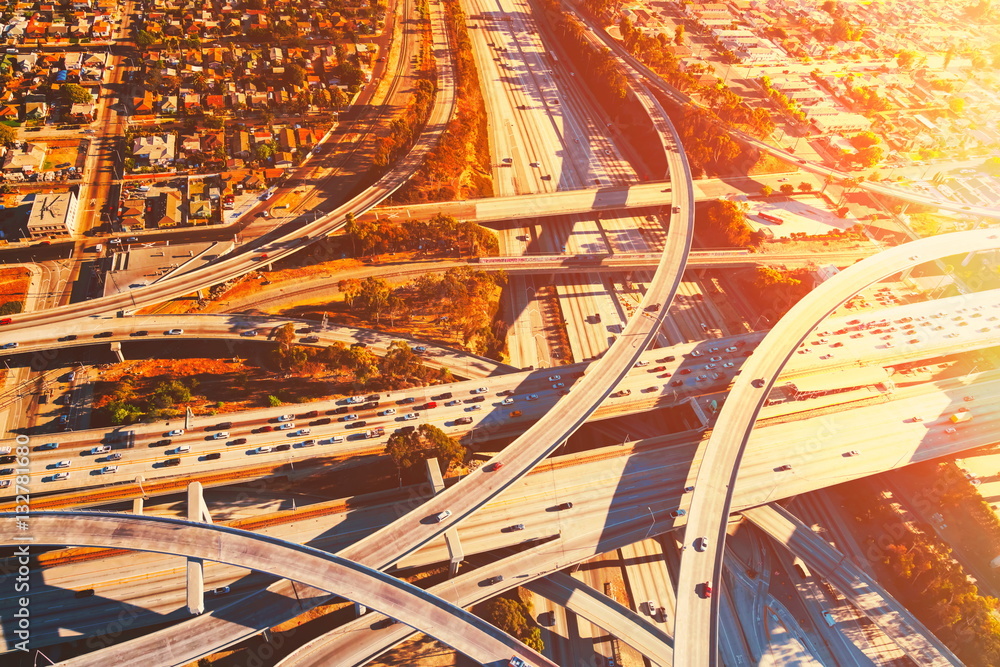 Aerial view of a freeway intersection in Los Angeles