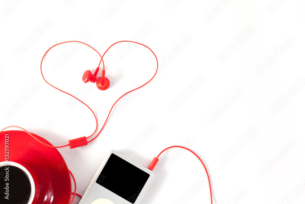 red coffee cup with music player and red earphone on white backg