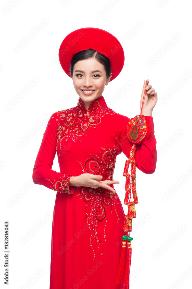 Portrait of a beautiful Asian woman on traditional festival costume.