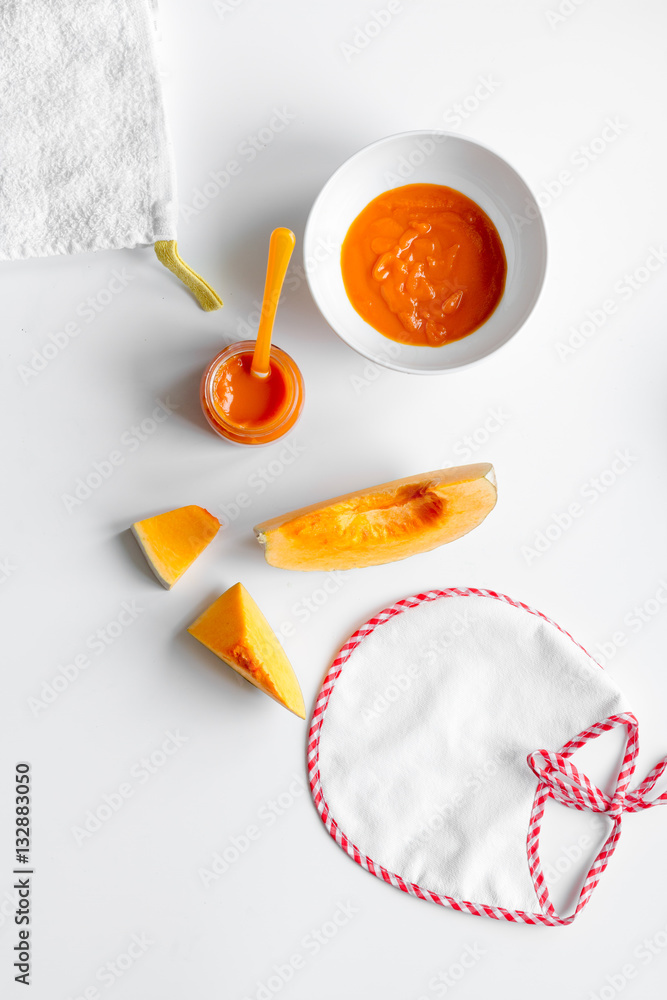 cooking vegetable puree for baby on white background top view