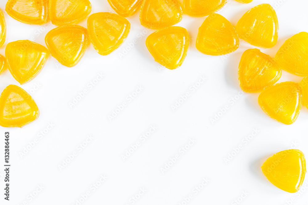 sweets and sugar candies on white background top view