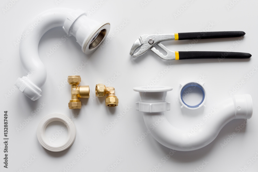 concept plumbing work top view on white background