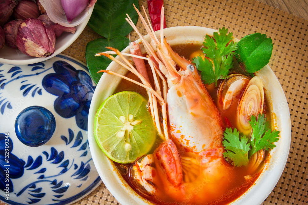 Close up Asian Spicy soup with shrimp in  bowl 