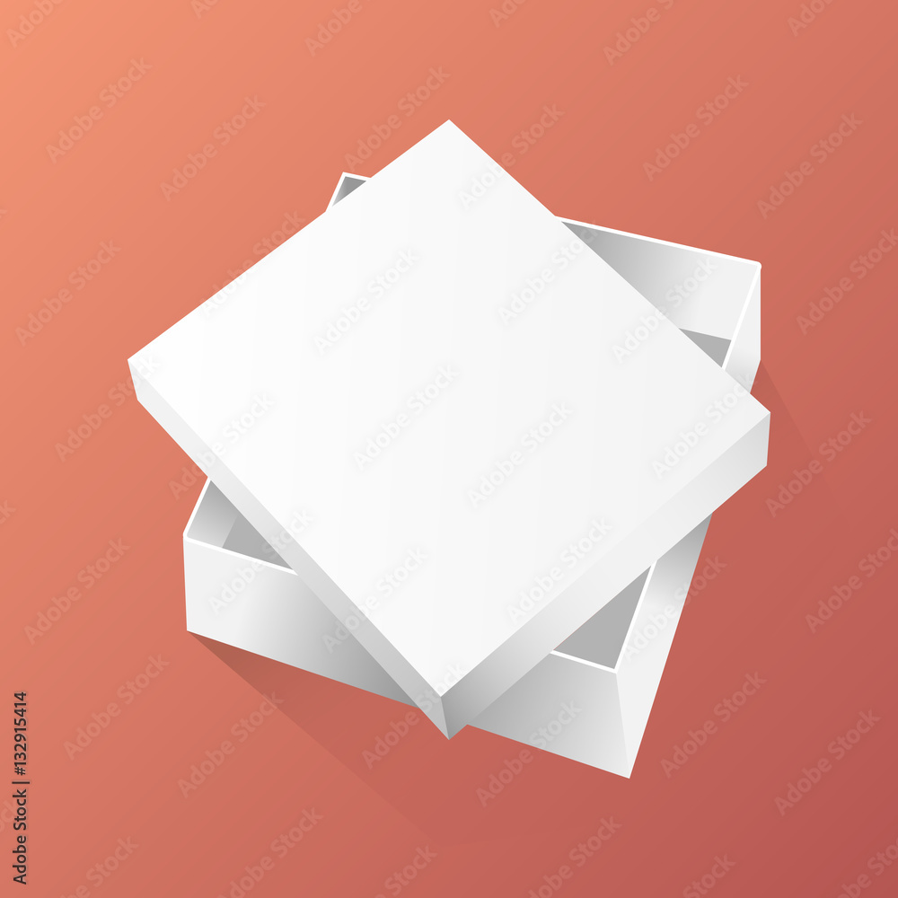 White box with lid on a red background. View from above. Mockup for text or design. Vector illustrat