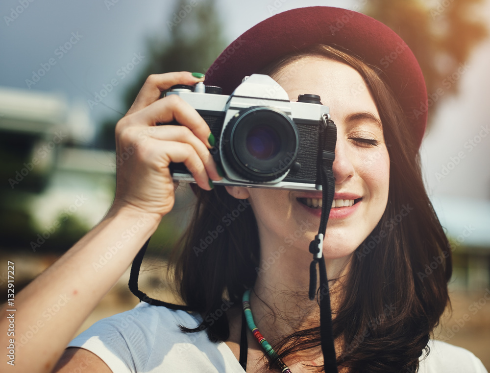 Female Photographer Smiling Vintage Camera Concept