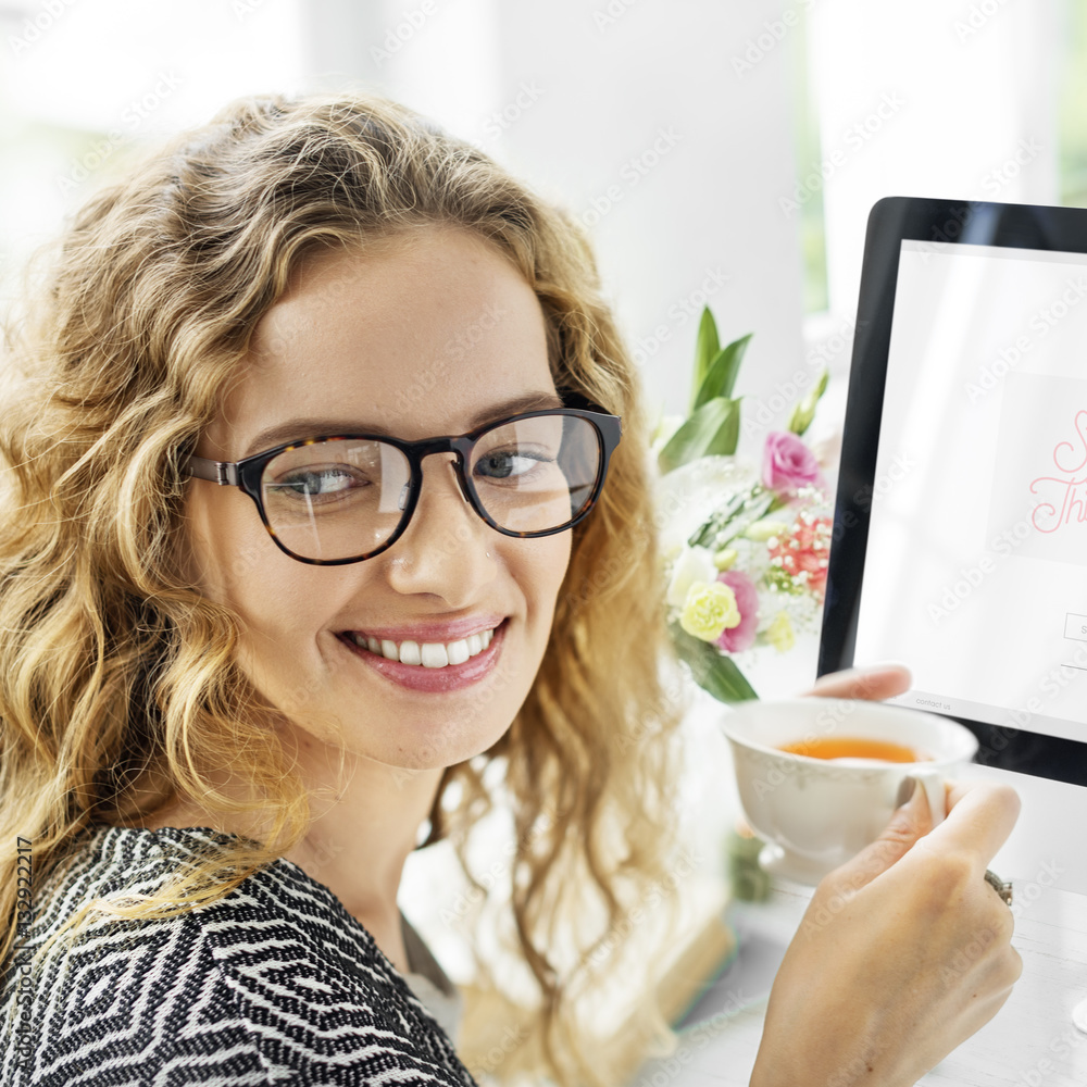 Woman Drinking Tea Break Relaxation Happiness Concept