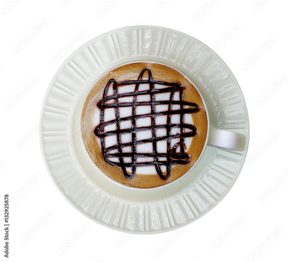 Top view of hot coffee mocha cup with saucer isolated on white b