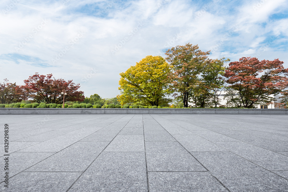 empty brick floor near park in cloud sky