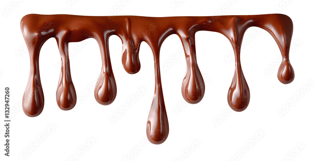 Melted chocolate syrup is dripping. Streams with drops isolated