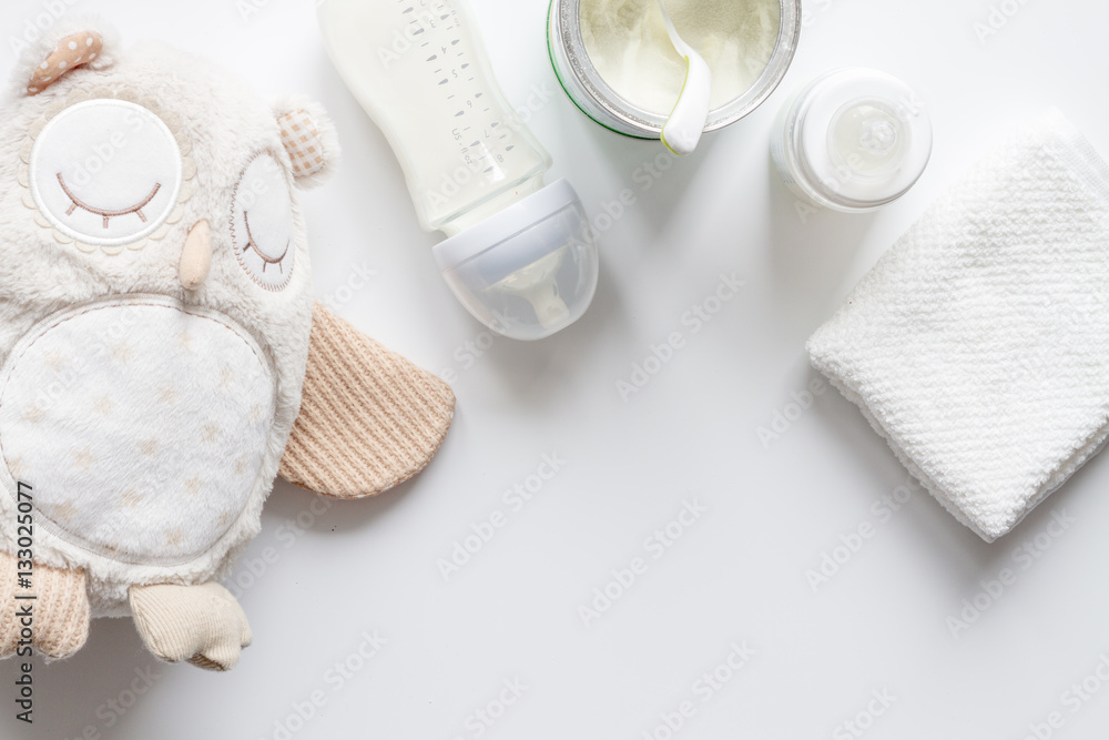 preparation of mixture baby feeding on white background top view