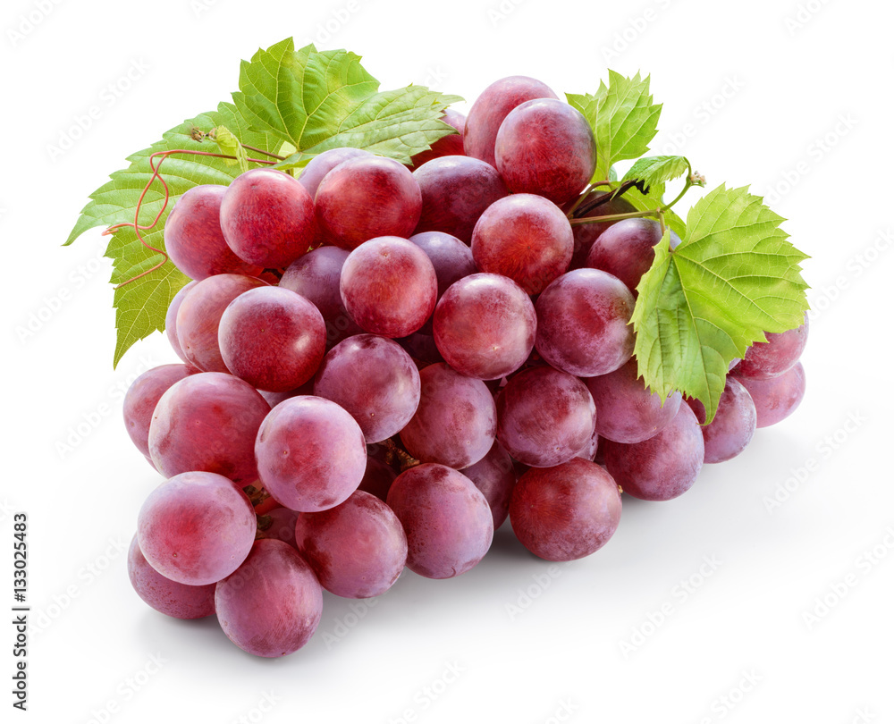 Ripe red grape with leaves isolated on white. With clipping path