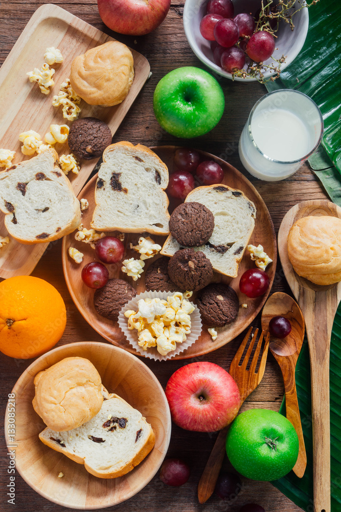 breakfast with cookie, bread , fresh fruits for healthy eating a