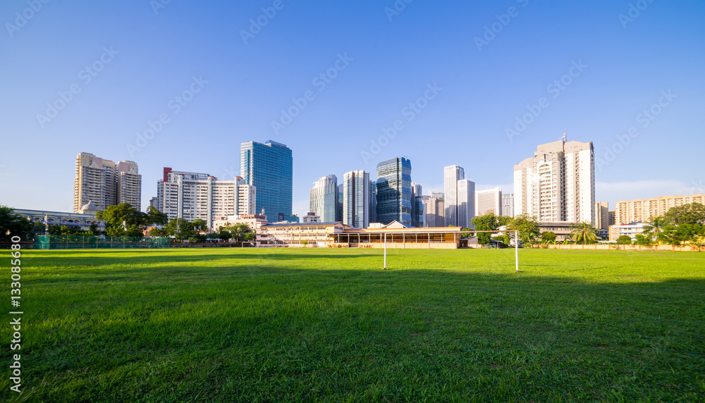 grassland green field with trees and buildings cityscape