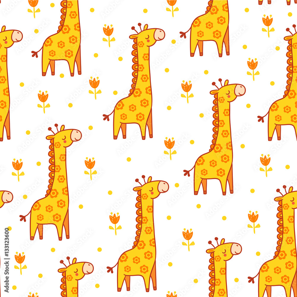 Vector seamless illustration with giraffes. The animal in the childrens style. Giraffe blinked.