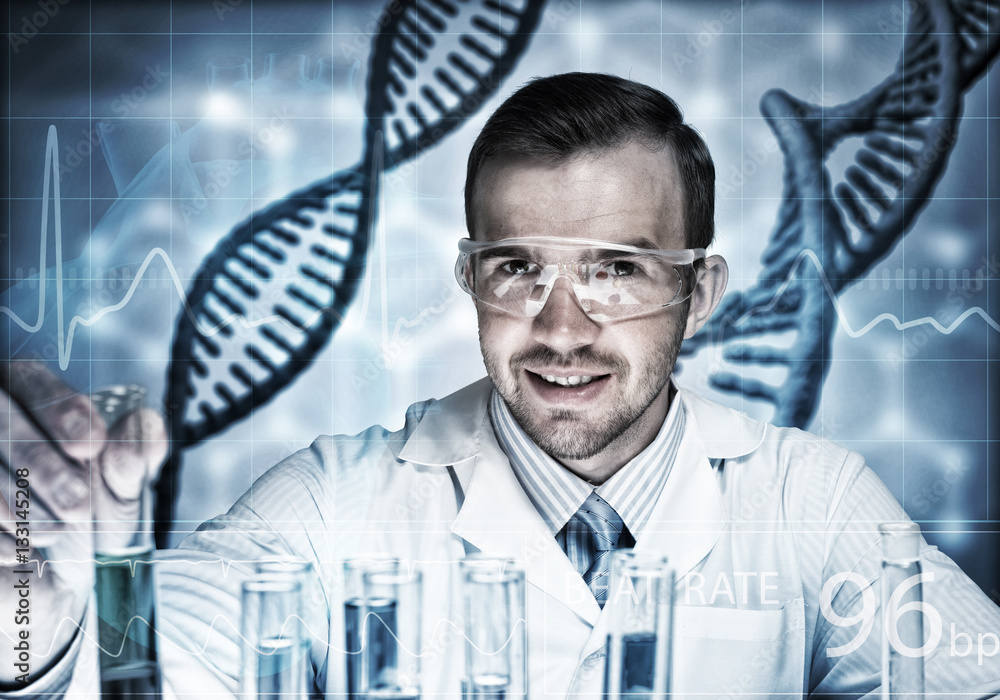 Young scientist mixing reagents in glass flask in clinical laboratory