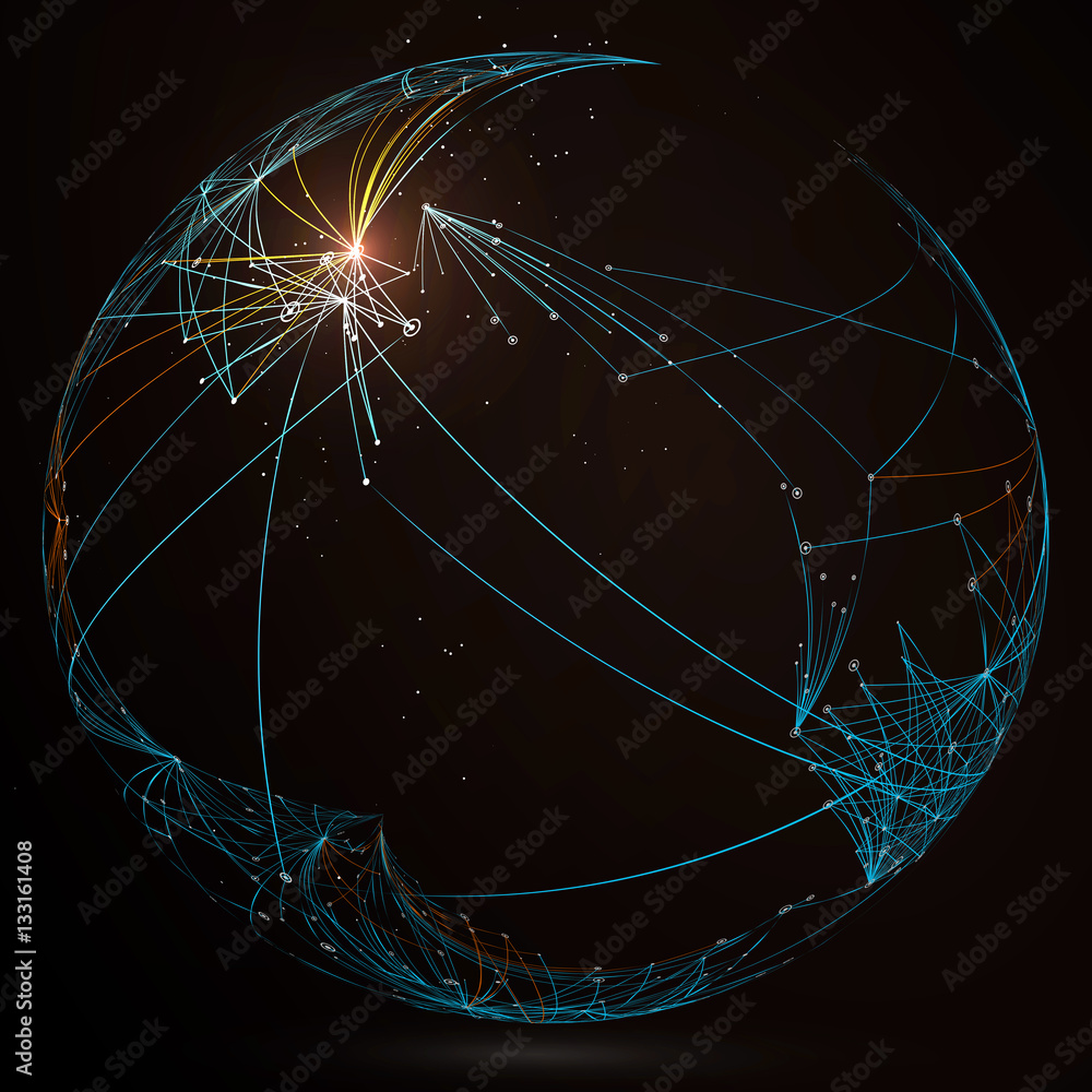 Dotted lines connected to the abstract graphics, network connections.