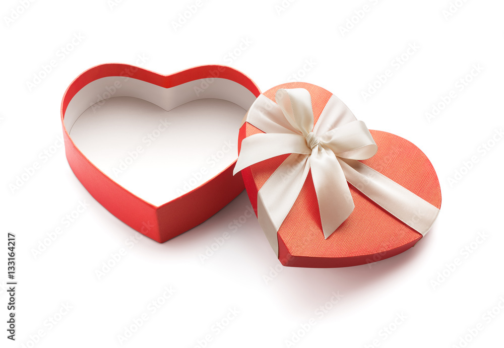 Red heart shape open gift box isolated on white background - Clipping path included