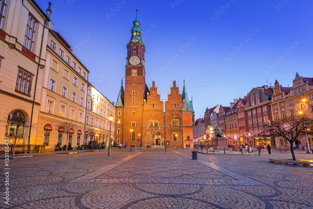 Architecture of the Market Square in Wroclaw at dusk, Poland.