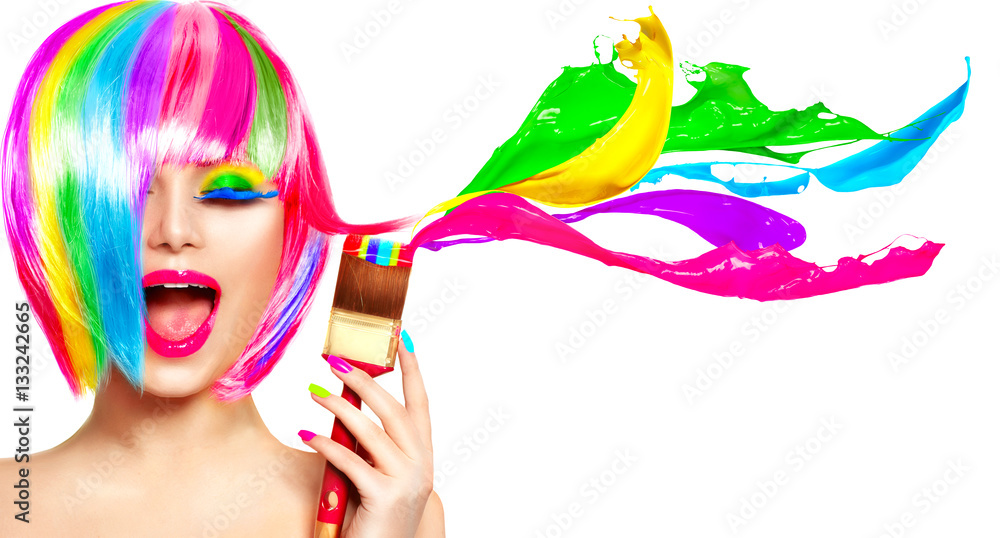 Dyed hair humor concept. Beauty model woman painting her hair in colourful bright colors