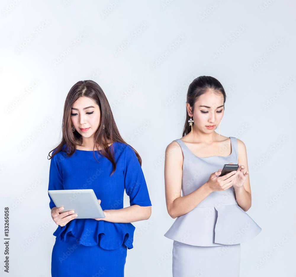 business woman holding tablet computer isolated on white backgrond