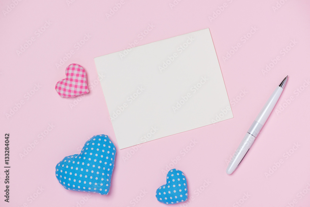 Gift card for Valentines Day with pen and heart on color backgr