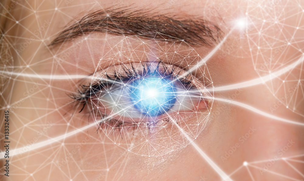 Close-up of woman digital eye network concept 3D rendering