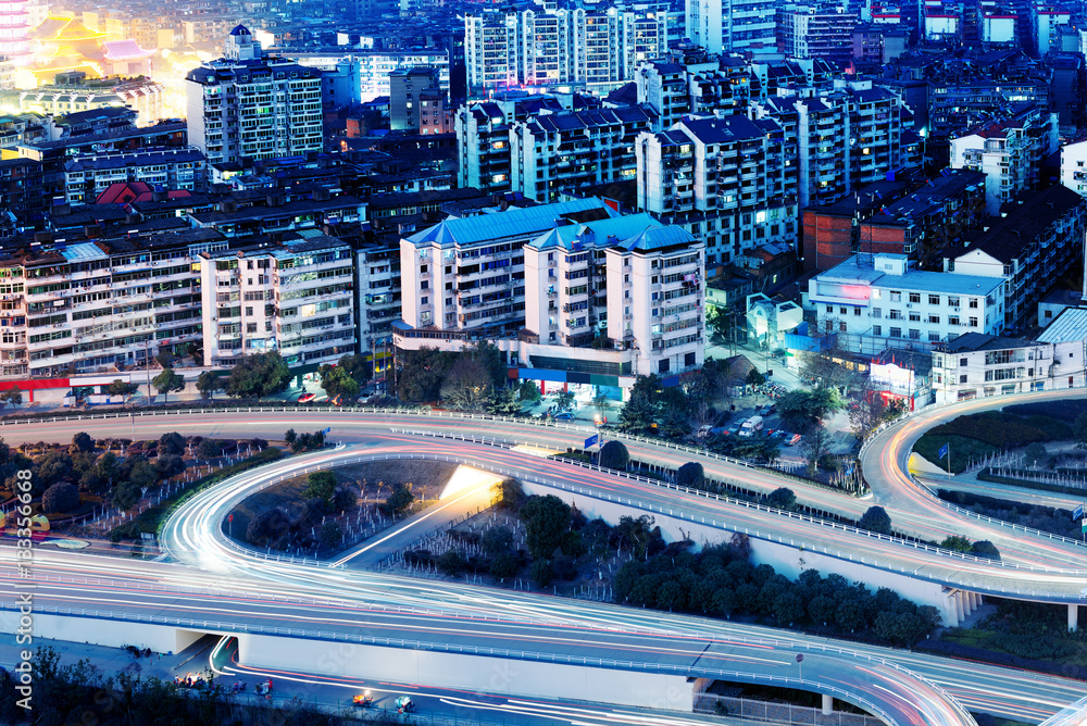 Modern urban viaduct at night