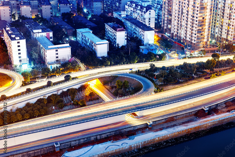 Modern urban viaduct at night