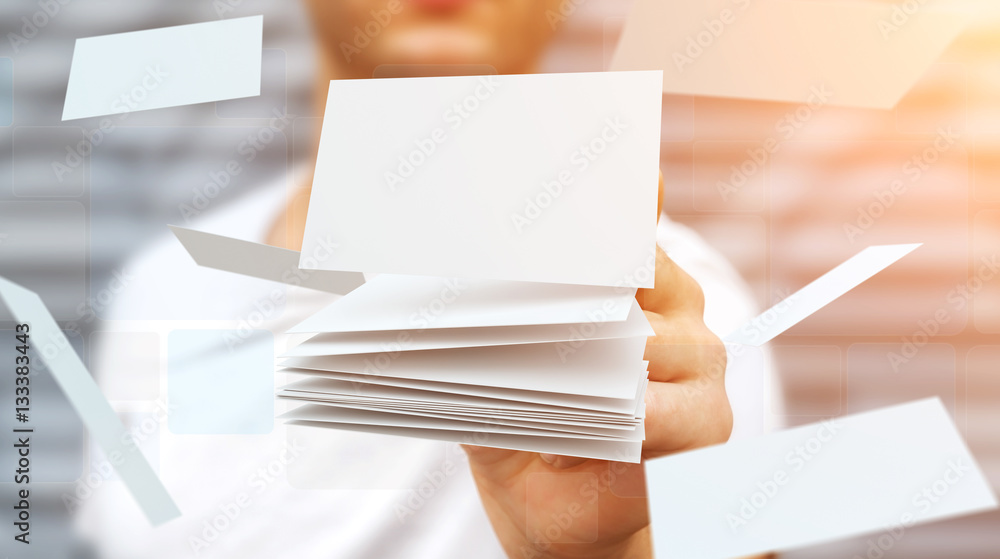 Businessman touching floating business card 3D rendering