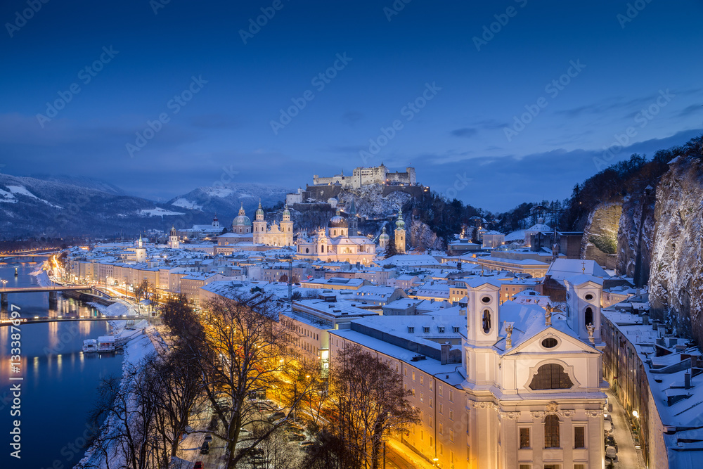 Classic view of Salzburg at Christmas time in winter, Austria