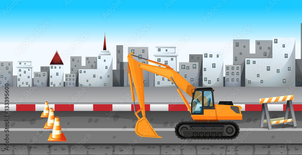 Excavator working at the road construction