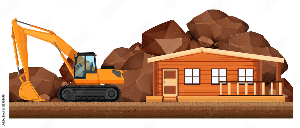 Excavator working on house construction site