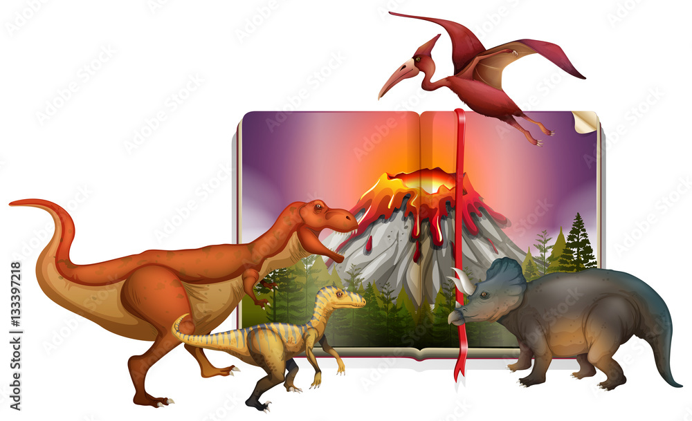 Different types of dinosaurs on the book