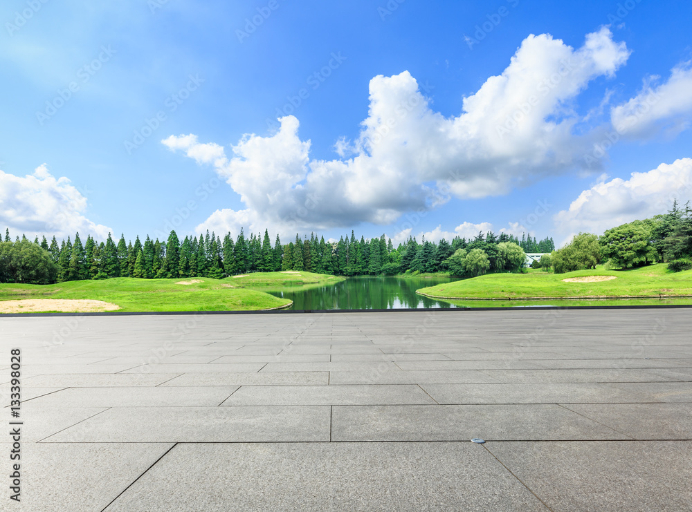 Empty square in the green park