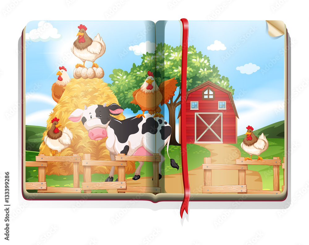 Book with farm scene full of animals